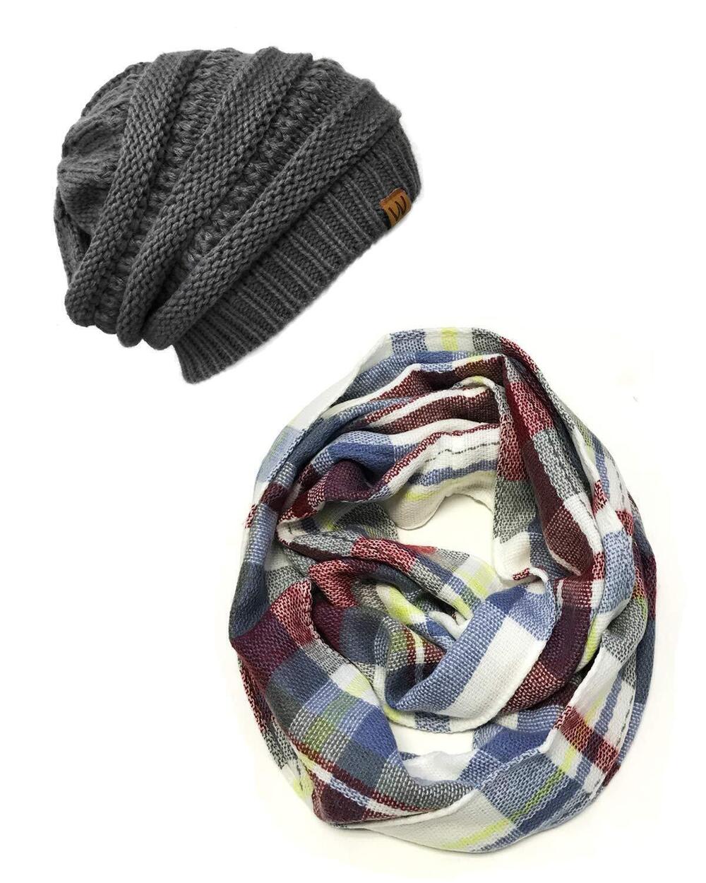 8518 Tartan Winter Infinity Scarf with Beanie, Gray/Burgundy + Dark Gray